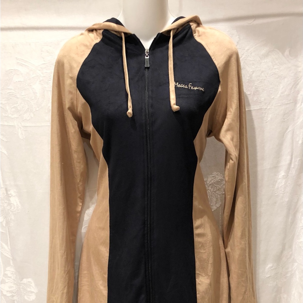 MECCA FEMME Tan & Black Stretchy Faux Suede Hoodie Dress L $89